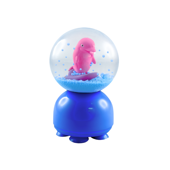 Pink dolphin inside a snow globe with blue base on a white background
