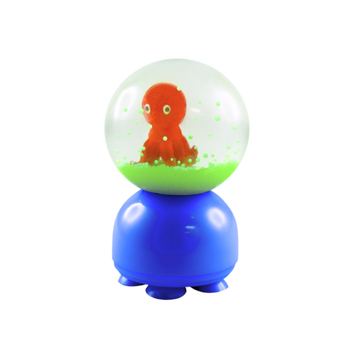 Toy with a small orange creature inside a transparent ball on a blue base