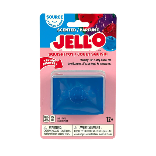 Jell-O squishy toy packaging with blue toy inside on a white background