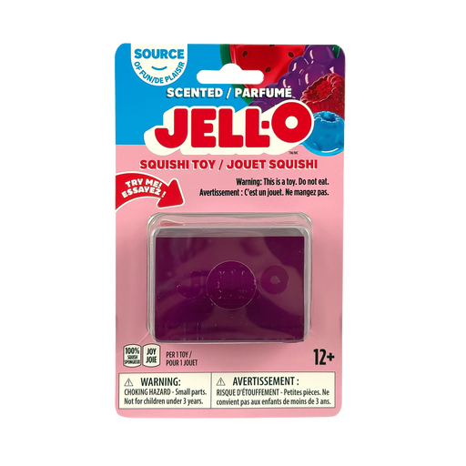 Jell-O squishy toy packaging with colorful design on a white background