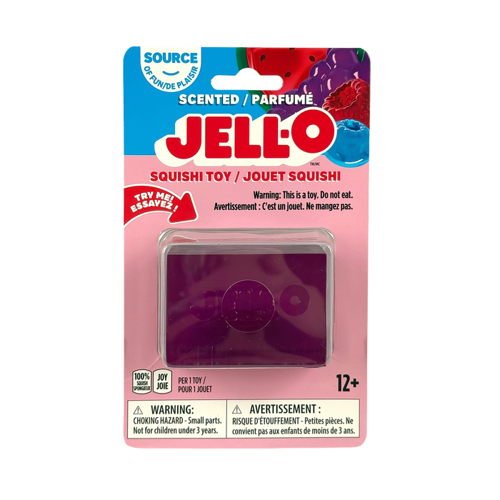 Jell-O squishy toy packaging with colorful design on a white background