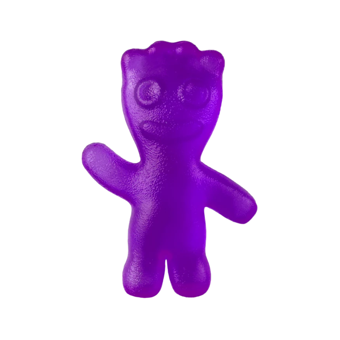 A purple gummy bear figure with a textured, glossy surface, standing against a solid white background.