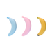 A blue, pink, and yellow banana toys on a white background