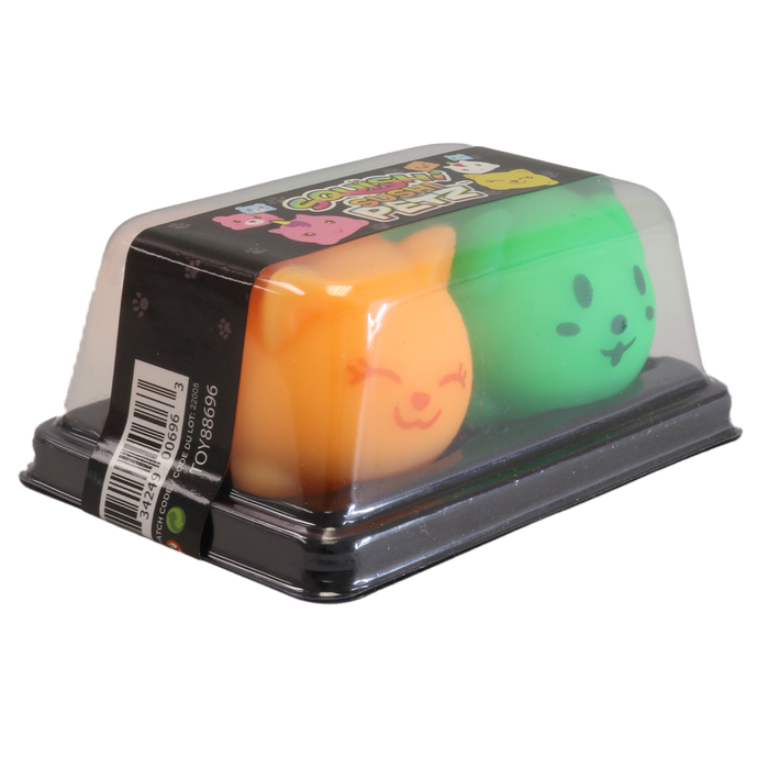 Two colorful cat-shaped erasers in a clear plastic packaging on a white background