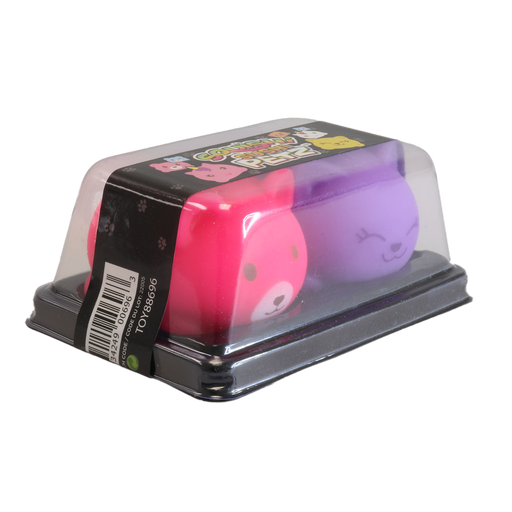 Two pink and purple dog toys in a clear plastic packaging on a white background