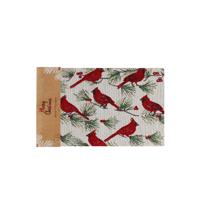Fabric with red cardinal birds and pine branches pattern on a white background