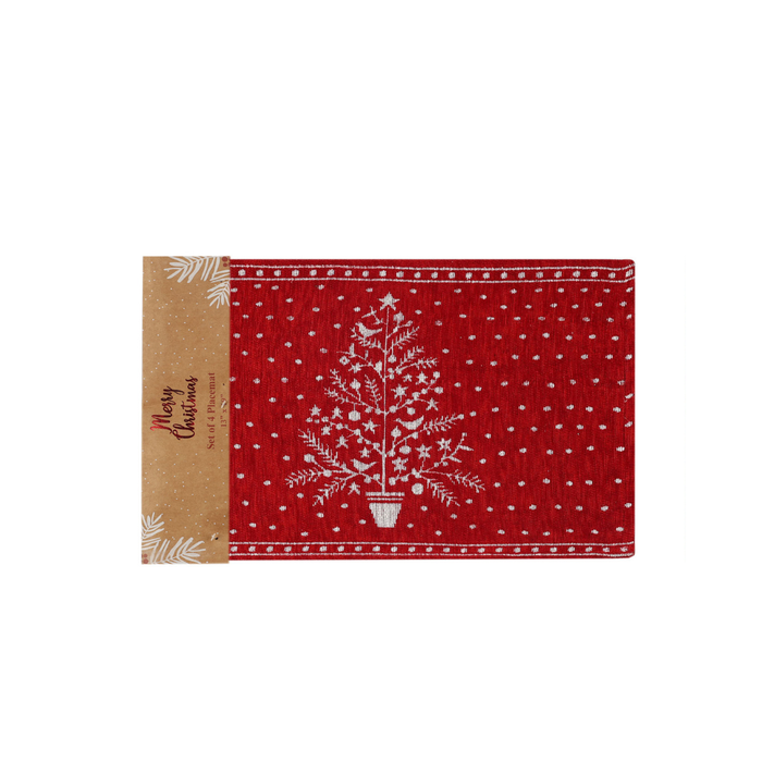 Red fabric with white Christmas tree design and 'Merry Christmas' label on a white background