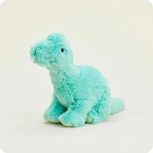 Plush dinosaur toy in teal color on a white background