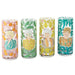 Four colorful glasses with illustrated portraits on a white background
