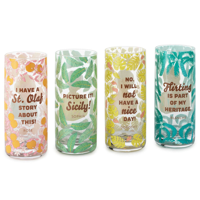 Four colorful tumblers with different designs and text on a white background