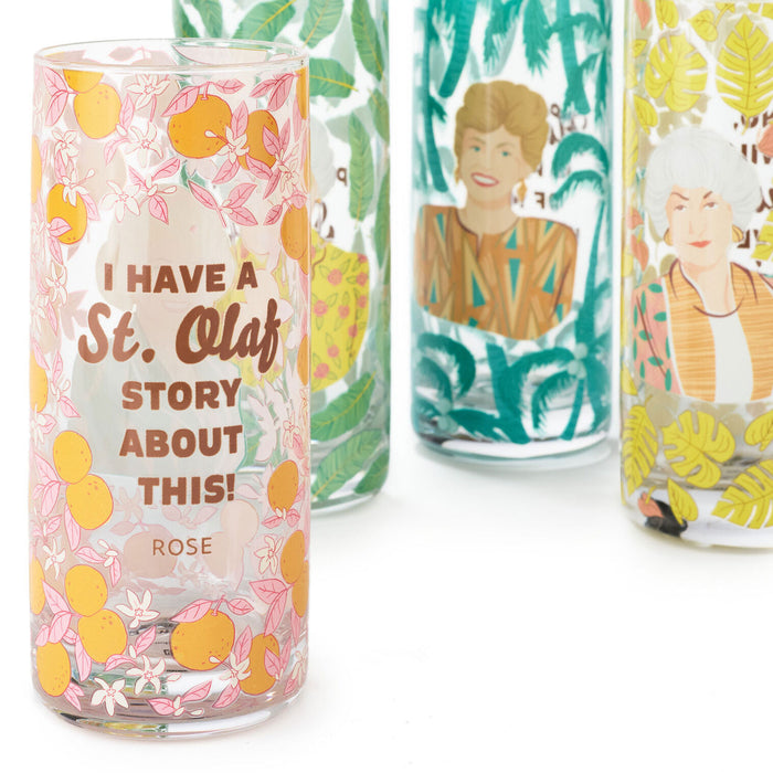 Decorative glass tumblers with character illustrations and text on a white background