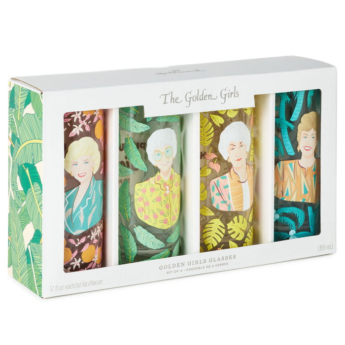 Set of 4 'The Golden Girls' themed glasses in a box with character illustrations.