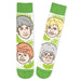 Pair of socks with illustrations of four people's faces on a white background