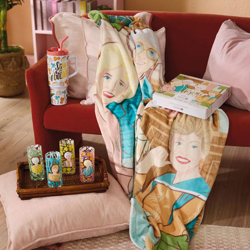 Sofa with character-themed pillows and a blanket, surrounded by decorative items.
