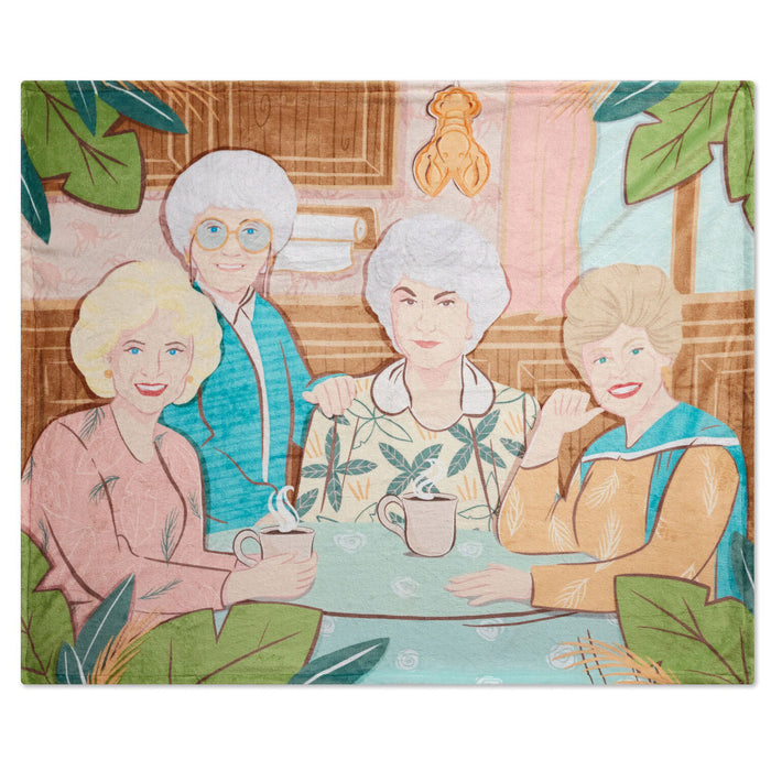 Illustration of four women sitting around a table with plants and a decorative object in the background.
