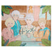 Illustration of four women sitting around a table with plants and a decorative object in the background.