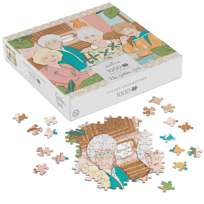 Jigsaw puzzle set with box featuring illustrations of elderly people, some pieces scattered on a white background.