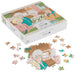 Jigsaw puzzle set with box featuring illustrations of elderly people, some pieces scattered on a white background.
