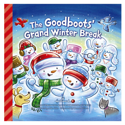 Children's book cover for 'The Goodboots' Grand Winter Break' featuring a colorful illustration of snowman characters, winter hats, a dog, and birds on a snowy blue background.