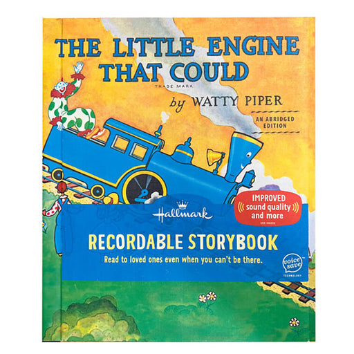 Recordable storybook cover of 'The Little Engine That Could' by Watty Piper with a blue engine and yellow background.