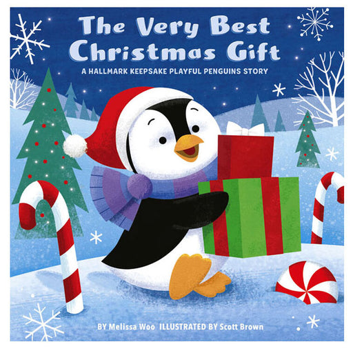 Children's book cover for 'The Very Best Christmas Gift' featuring a penguin in a red Santa hat and purple scarf holding a green and red gift box, with candy canes, snow, and trees on a blue winter background.