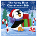 Children's book cover for 'The Very Best Christmas Gift' featuring a penguin in a red Santa hat and purple scarf holding a green and red gift box, with candy canes, snow, and trees on a blue winter background.