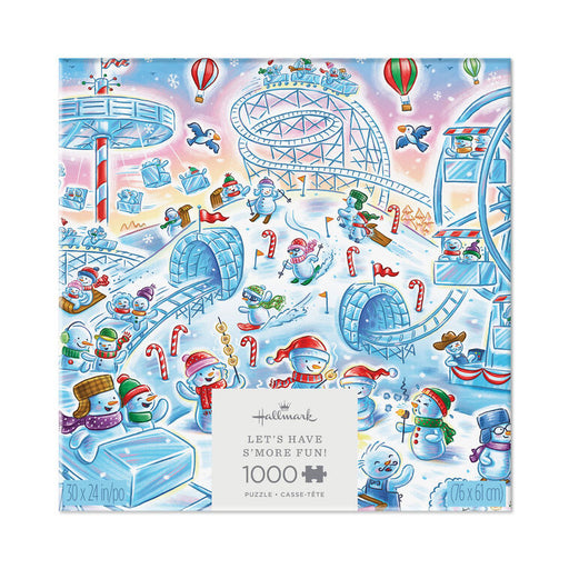 Jigsaw puzzle packaging with a winter amusement park scene featuring snowmen and candy canes.