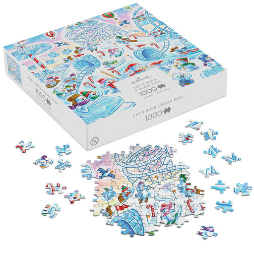 Jigsaw puzzle set with box featuring amusement park illustrations and scattered pieces on a white background