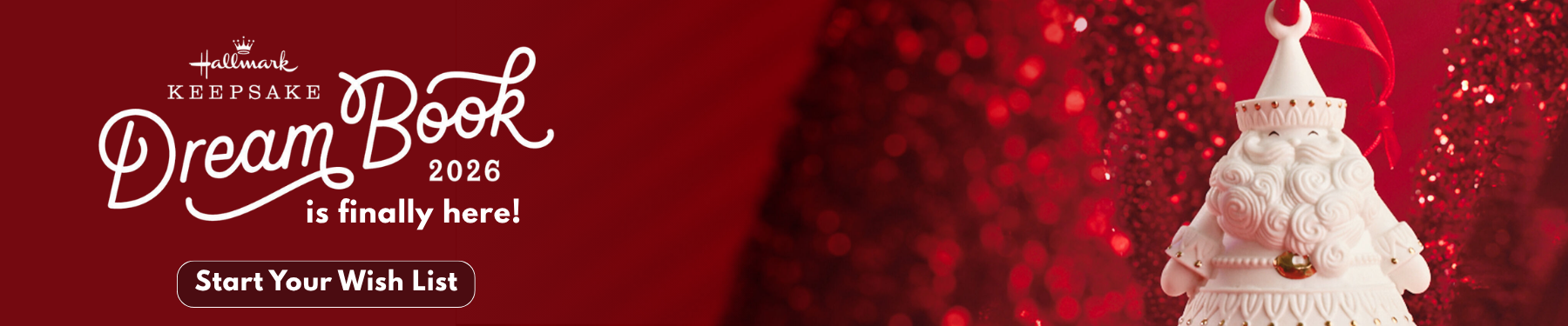 Promotional image for 2026 Hallmark Keepsake Dream Book with a decorative Santa figure on a red background.