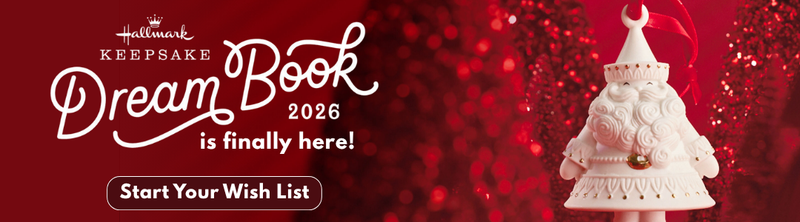 Promotional image for 2026 Hallmark Keepsake Dream Book with a decorative Santa figure on a red background.