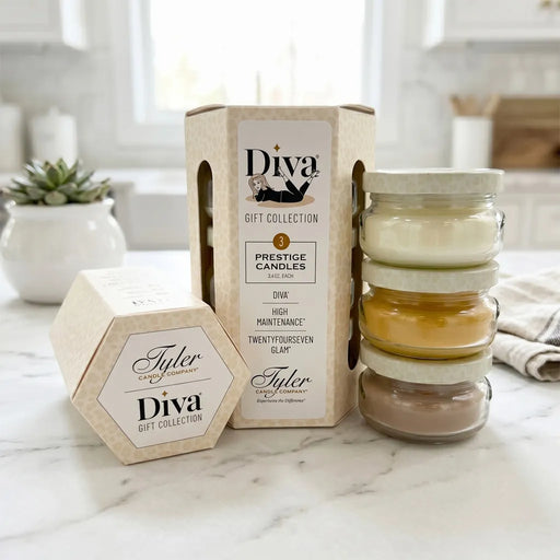 Tyler Diva Gift Collection Candle in a clear glass jar with the Diva label displayed on a white background.