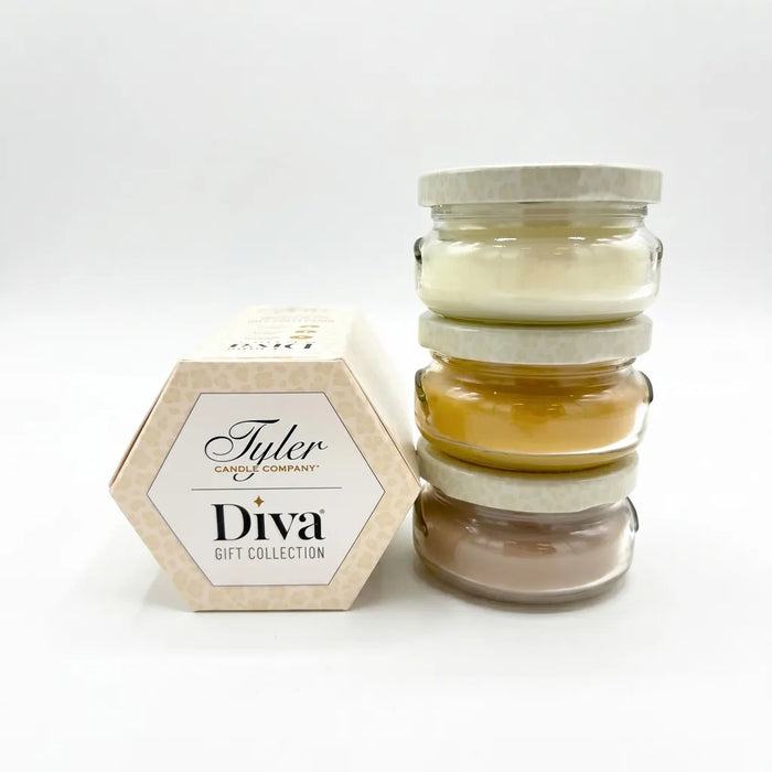 Tyler Diva Gift Collection Candle in a clear glass jar with the Diva label displayed on a white background.