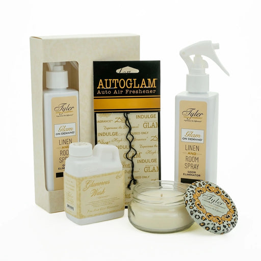Tyler Diva Glamorous Suite VI Gift Set with a 3 oz candle, 4 oz Glamorous Wash, and Autoglam car freshener displayed in decorative packaging on a white background.
