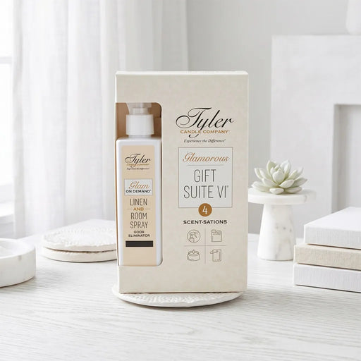 Tyler Diva Glamorous Suite VI Gift Set with a 3 oz candle, 4 oz Glamorous Wash, and Autoglam car freshener displayed in decorative packaging on a white background.