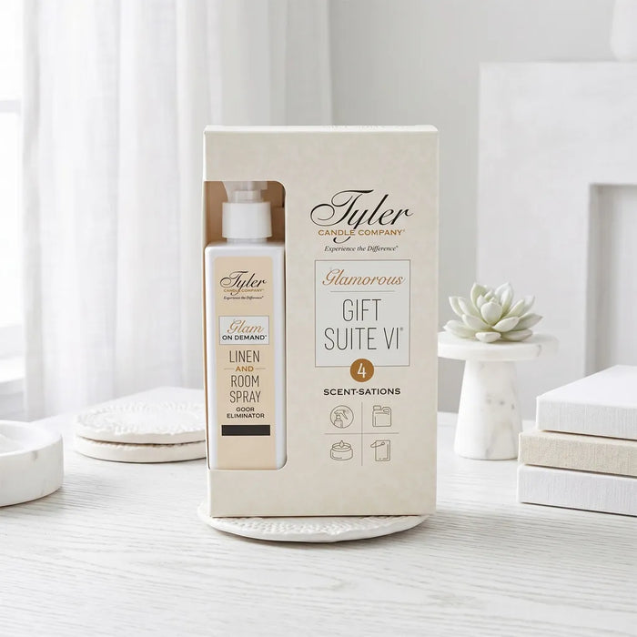 Tyler Diva Glamorous Suite VI Gift Set with a 3 oz candle, 4 oz Glamorous Wash, and Autoglam car freshener displayed in decorative packaging on a white background.