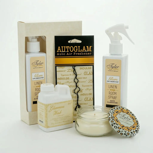 Tyler Diva Glamorous Suite VI Gift Set with a 3 oz candle, 4 oz Glamorous Wash, and Autoglam car freshener displayed in decorative packaging on a white background.