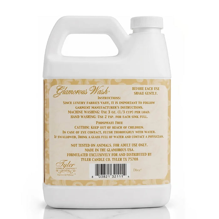 Tyler Diva Glamorous Wash luxury liquid laundry detergent with the signature Diva fragrance for clothing, bedding, towels, linens, and delicate fabrics. Compatible with standard and HE washing machines.