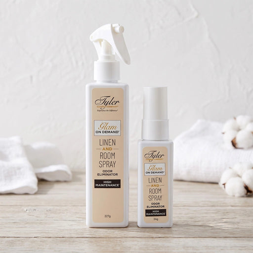 Tyler Glam On Demand High Maintenance Linen and Room Spray bottle with the High Maintenance label displayed on a white background.