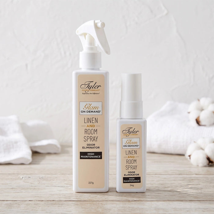 Tyler Glam On Demand High Maintenance Linen and Room Spray bottle with the High Maintenance label displayed on a white background.