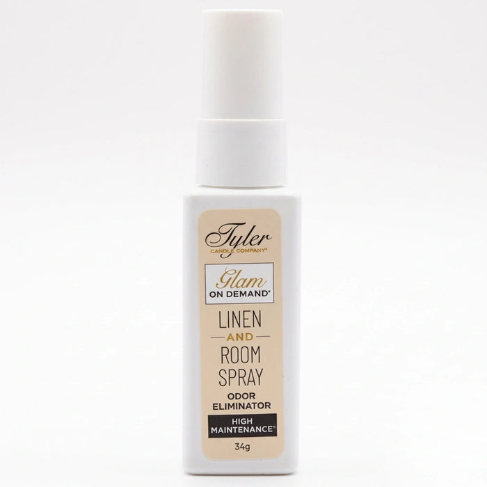 Tyler Glam On Demand High Maintenance Linen and Room Spray bottle with the High Maintenance label displayed on a white background.