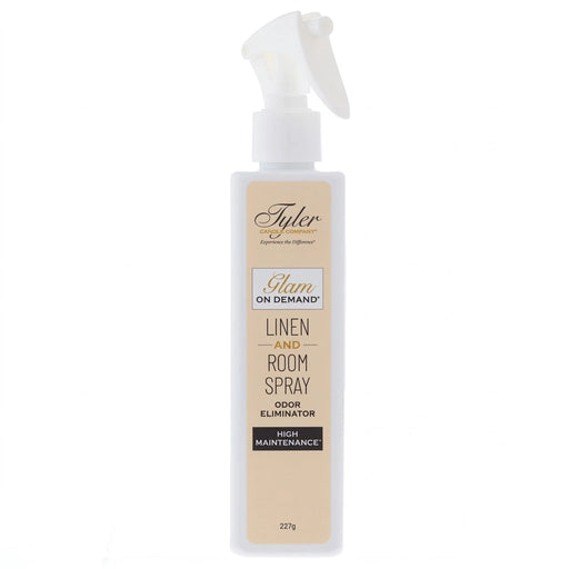 Tyler Glam On Demand High Maintenance Linen and Room Spray bottle with the High Maintenance label displayed on a white background.