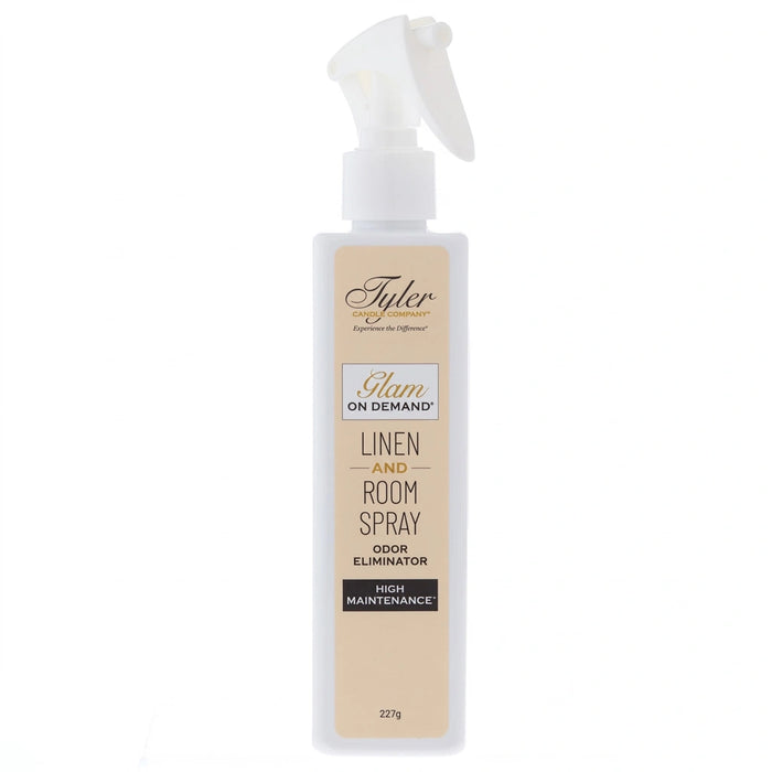 Tyler Glam On Demand High Maintenance Linen and Room Spray bottle with the High Maintenance label displayed on a white background.
