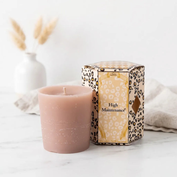 Tyler High Maintenance Candle Collection scented candle in a glass jar with the High Maintenance label displayed on a white background.