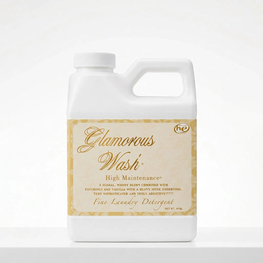 Tyler High Maintenance Glamorous Wash liquid laundry detergent bottle with the High Maintenance label displayed on a white background.