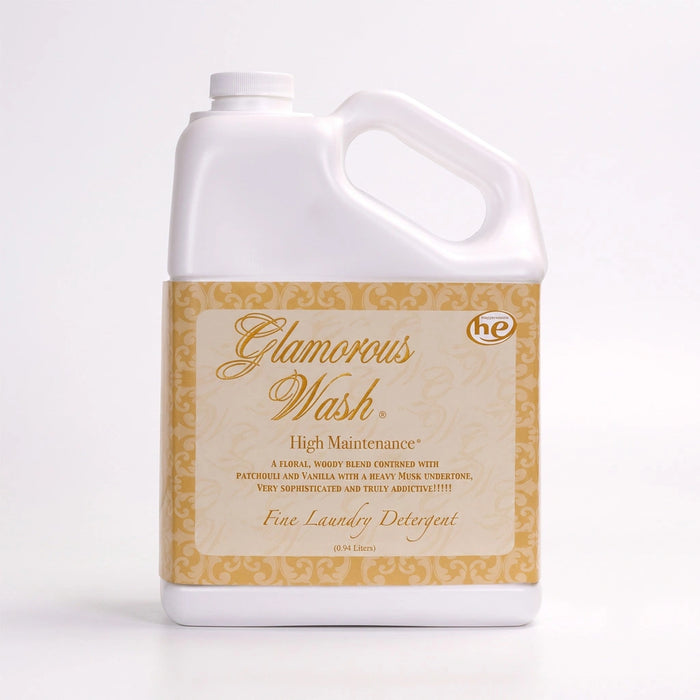 Tyler High Maintenance Glamorous Wash liquid laundry detergent bottle with the High Maintenance label displayed on a white background.