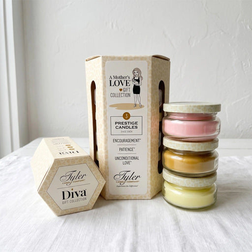 Tyler Mother's Love Gift Collection Candle in a clear glass jar with the Mother's Love label displayed on a white background.