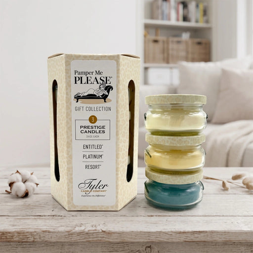 Tyler Pamper Me Please Gift Collection Candle in a clear glass jar with the Pamper Me Please label displayed on a white background.
