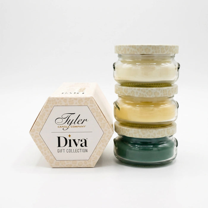 Tyler Pamper Me Please Gift Collection Candle in a clear glass jar with the Pamper Me Please label displayed on a white background.