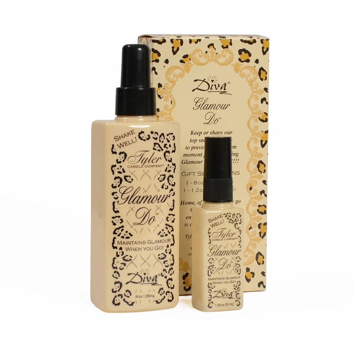 Tyler Glamour Do Gift Set with an 8 oz hair fragrance spray and a 1.2 oz travel-size spray displayed in gift packaging on a white background.