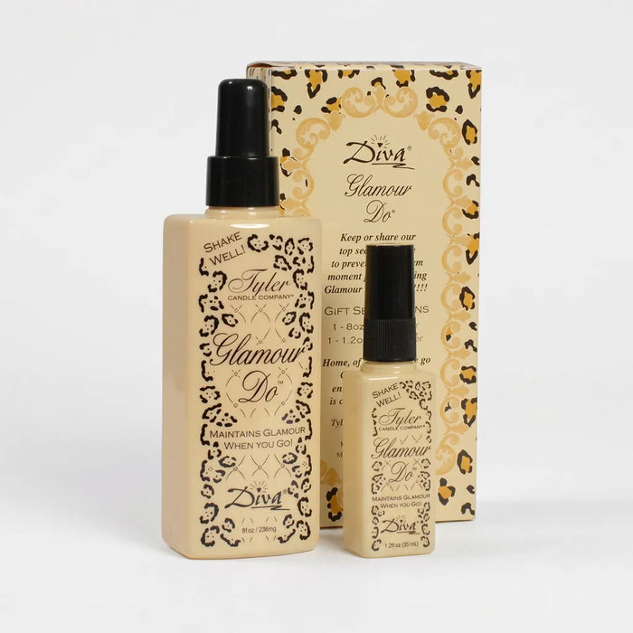 Tyler Glamour Do Gift Set with an 8 oz hair fragrance spray and a 1.2 oz travel-size spray displayed in gift packaging on a white background.